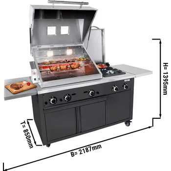 Příslušenství pro gril G.Gastro Komerční grilovací stanice BBQ s rožněm – propan a zemní plyn – 22,5 kW – 2187 × 850 × 1395 mm – černá
