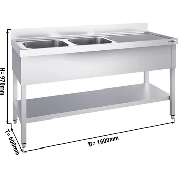 Nerezový dřez G.Gastro Mycí stůl PREMIUM - se spodní policí - 1,6 m - 2 dřezy vlevo - D 40 x Š 40 x H 25 cm
