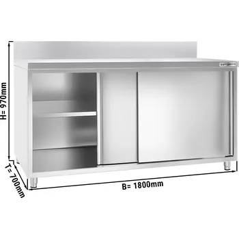 Kuchyňská skříňka G.Gastro Pracovní skříňka PREMIUM z nerezové oceli - 1,8 m - s posuvnými dveřmi & obkladovým panelem