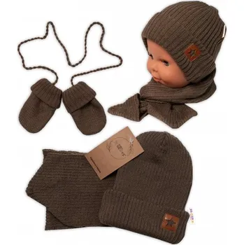 Módní doplněk Baby Nellys Pletená čepice s šálou a rukavičky 3v1, STAR - hnědá, Velikost koj. oblečení 56-62 (0-3m)