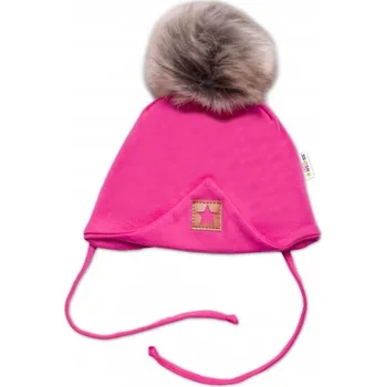 Čepice Zimní,podzimní bavlněná dvouvrstvá čepice s bambulí na zavazování Star, růžová, Velikost koj. oblečení 68-80 (6-12m)