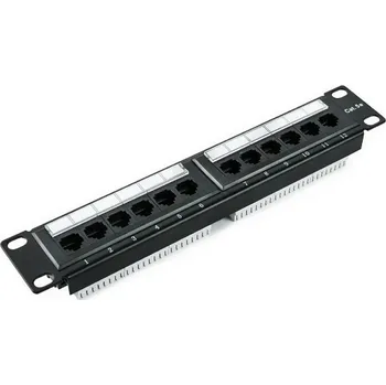 Patch panel W-star Patch panel 10,5" 1U rack, 12 port RJ45, Cat5e, osazený, narážecí, černá, PP12RJC5