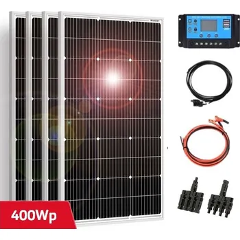 solární panel Solární set, 4x solární panel v hliníkovém rámu 970x565mm (celkem 400Wp), PWM Regulátor 30A, kabel pro připojení solárních panelů, kabel pro připojení k baterii 12 nebo 24V (Solární panel 100Wp, solární regulátor, rámový solární panel)