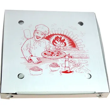 Jednorázové nádobí Krabice na pizzu 45x45x5cm mvl bílá s potiskem Kuchař, ostré rohy - 50 ks