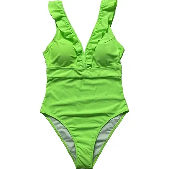Dámské plavky Dámské plavky jednodílné s volánky lemující výstřih (7-12) Barva: zelená, Velikost: S
