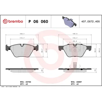 Brzdová destička Sada brzdových destiček, kotoučová brzda BREMBO P 06 060