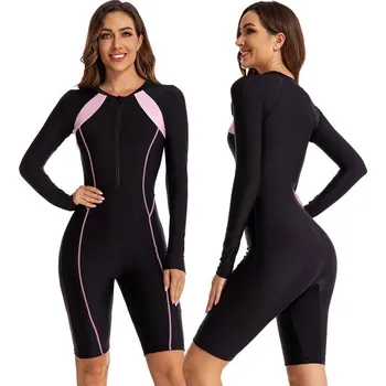 Dámské plavky Dámské plavky jednodílné sportovní s dlouhým rukávem a nohavicemi ke kolenům Barva: růžový proužek 76, Velikost: S