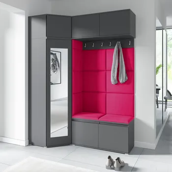 Předsíňová stěna Eka Předsíňová stěna s čalouněnými panely Trinity 38 - Grafit / Růžová 2310