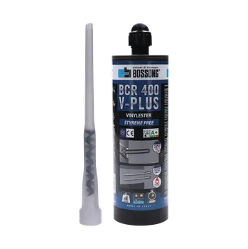 Průmyslové lepidlo Bossong vysokorýchlostné chemické kotvenie 400ml vinylesterové bez styrénu so zmiešavacím hrotom, na väčšie záťaže, do -10°C
