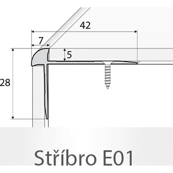 přechodová lišta PROFIL Team - Schodová hrana - oboustranná 42 x 28 mm do 5mm Barva dekoru: stříbro E01, Délka lišty: 270 cm