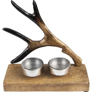 Svícen Hnědý dřevěný svícen na čajovou svíčku s parožím – 17x7x17 cm