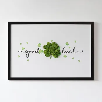 Obraz Obraz z mechu Obraz z mechu Nápis hodně štěstí jetel