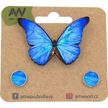 Brož art-wood.cz Dřevěná brož + náušnice kulaté - motýl MORPHO 2