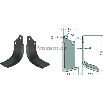 Pracovní nůž Frézovací klenutý nůž levý pro Maschio, M01110427R, 56/14,5/215 mm