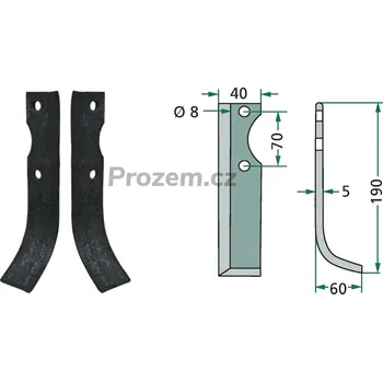 Pracovní nůž Frézovací klenutý nůž pravý pro Gutbrod, 07173120, 70/8/190 mm