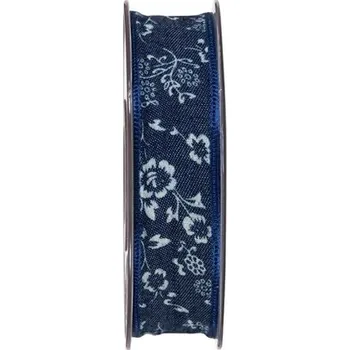 Stuha Dekorační stuha 25mm s kvítky - jeansová tmavá