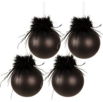 Vánoční ozdoba 4ks černá vánoční ozdoba koule s peříčky – 8 cm