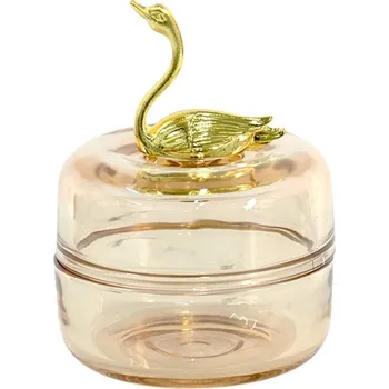 Dóza na potraviny Růžová skleněná dóza se zlatou labutí – 9x12 cm