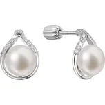 Stříbrné náušnice pecky slza s říční perlou a zirkony bílé 21096.1B
