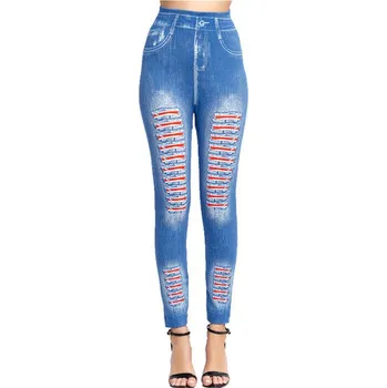 Dámské kalhoty Dámské legíny s džínovým vzorem a moderním "roztrhaným" vzhledem Barva: světle modrá (Llight blue red), Velikost: XL