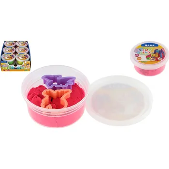 Modelovací hmota Teddies Písek tekutý NARA 100g s vykrajovátky 2ks 6 barev v plastovém kelímku 8,5x4cm 12ks v boxu