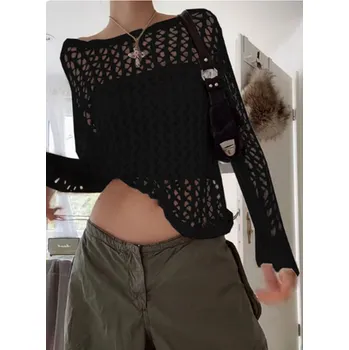 Dámský svetr Dámský háčkovaný svetr v trendy děrovaném designu Barva: Černá, Velikost: S