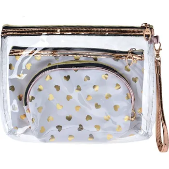Kosmetická taška 3ks dámská toaletní taška průhledná a bílá se zlatými srdíčky - 23*17 / 20*13 / 18*12 cm