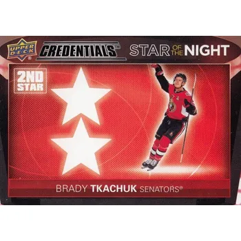Sběratelská karetní hra insert karta BRADY TKACHUK 21-22 Credentials 2nd Star of the Night číslo 2S-6