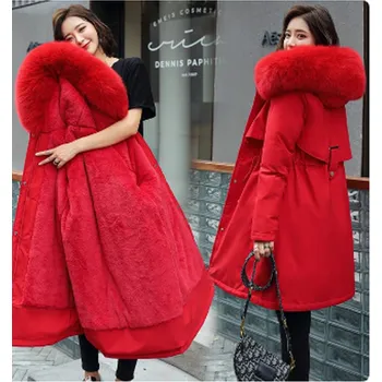 Dámský kabát Dámský zimní kabát s velkým kožešinovým límcem a vlněnou podšívkou vel. až 6XL Barva: Červená, Velikost: XXL