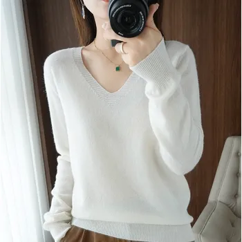 Dámský svetr Pletený svetr s dlouhým rukávem a výstřihem do V Barva: Bílá, Velikost: XXS