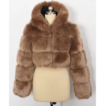 Dámský kožich Krátký kožich chlupatý s kapucí a dlouhým rukávem Barva: Tmavě Hnědá, Velikost: L