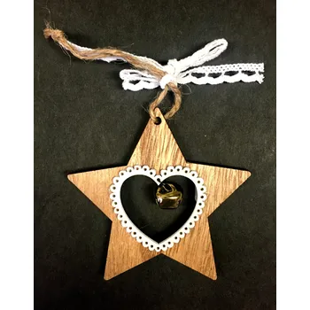 Vánoční dekorace Dekorace, dřevěná, hvězdička, srdce, rolnička, 9 cm, 1 ks