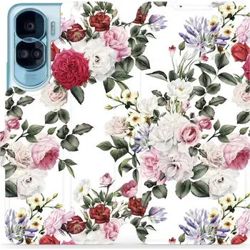 Pouzdro na mobilní telefon Flipové pouzdro Mobiwear - Honor 90 Lite 5G - MD01S Růže na bílé (Knížkové flip pouzdro, obal, kryt na mobil Honor 90 Lite 5G - MD01S Růže na bílé, materiál Umělá kůže + TPU - ochrana 360°, stojánek, silikonová vanička, magnetické zavírání)