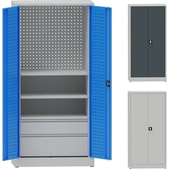 Kovová dílenská skříň perfo, 2 police, 2 zásuvky hluboké Barva dveří: šedá RAL 7035