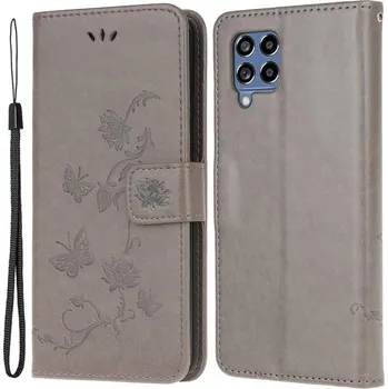 Pouzdro na mobilní telefon Flower PU kožené peněženkové pouzdro na mobil Samsung Galaxy M53 5G - šedé