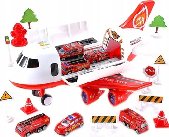 Velké hasičské rozkládací letadlo s 6 autíčky a doplňky bílé/červené