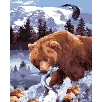 ZUTY Malování podle čísel - MEDVĚD GRIZZLY S RYBOU (HOWARD ROBINSON) Rozměr: 40x50 cm, Rámování: vypnuté plátno na rám