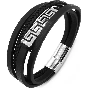 Náramek Steel Jewelry Náramek pánský černý kožený s kombinací chirurgické oceli NR230903 dárkové balení zdarma