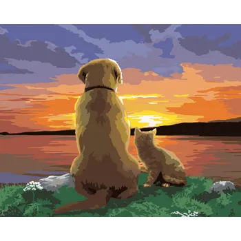 ZUTY Malování podle čísel - PES A KOČKA POZORUJÍ ZÁPAD SLUNCE (HOWARD ROBINSON) Rozměr: 40x50 cm, Rámování: bez rámu a bez vypnutí plátna