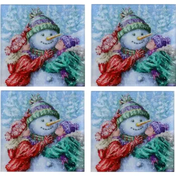 Podtácek Carmani® Carmani - Skleněné prostírání pod hrnečky, vánoční dekor Sněhulák 4 ks - 10,5*10,5 cm