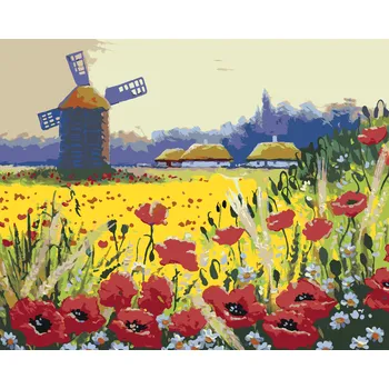 ZUTY Malování podle čísel - VĚTRNÝ MLÝN A VLČÍ MÁK Rozměr: 40x50 cm, Rámování: bez rámu a bez vypnutí plátna
