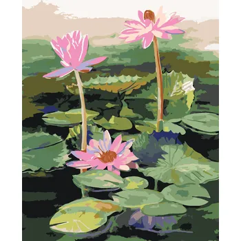 ZUTY Malování podle čísel - TŘI RŮŽOVÉ LEKNÍNY NA JEZEŘE Rozměr: 40x50 cm, Rámování: bez rámu a bez vypnutí plátna