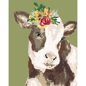 ZUTY Malování podle čísel - KRÁVA S KVĚTINOU NA ZELENÉM POZADÍ (HALEY BUSH) Rozměr: 40x50 cm, Rámování: bez rámu a bez vypnutí plátna