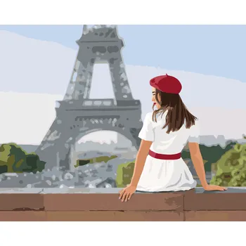 ZUTY Malování podle čísel - ŽENA V BÍLÝ ŠATECH A EIFFELOVA VĚŽ Rozměr: 40x50 cm, Rámování: bez rámu a bez vypnutí plátna