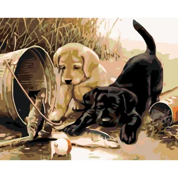 ZUTY Malování podle čísel - ŠTĚŇATA S RYBOU Rozměr: 40x50 cm, Rámování: vypnuté plátno na rám