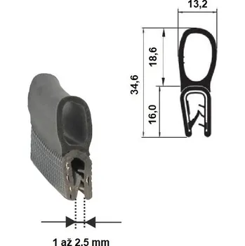 Stavební profil PROFIL PIRELI U 19.2269 (Druhý průměr (mm): *BT=18,6, D.* (mm): 1- 2,5 mm, Hmotnost (kg): 0,231, Balení [MJ]: 300, Kóta B: 34,6, Kóta A: 13,2, Materiál: PVC/EPDM)