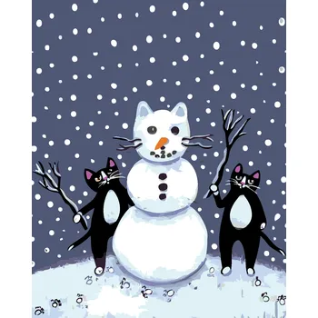ZUTY Malování podle čísel - ČERNÍ KOCOURCI A SNĚHULÁK Rozměr: 40x50 cm, Rámování: bez rámu a bez vypnutí plátna