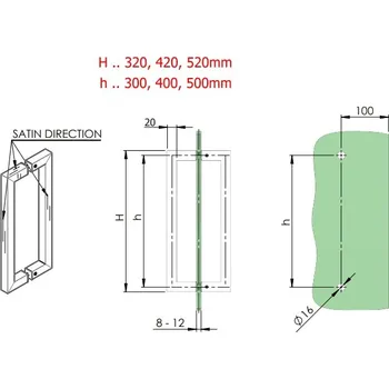 Dveřní kování Nerezové madlo pro posuvné a otočné dveře, hranaté madlo válcové: délka 420mm