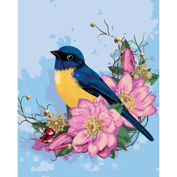 ZUTY Malování podle čísel - MODRÝ PTÁK A RŮŽOVÉ KVĚTY Rozměr: 80x100 cm, Rámování: bez rámu a bez vypnutí plátna