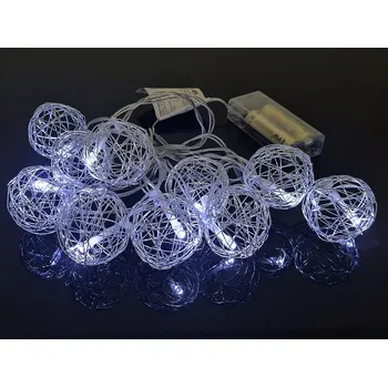 Vánoční dekorace VOR-BAT 2M-10 DRÁTOVÉ KOULE - 2m dlouhý vánoční světelný drátový řetěz, 10x svítící LED drátové mini koule, napájení 2x bat AA Barva: Bílá studená